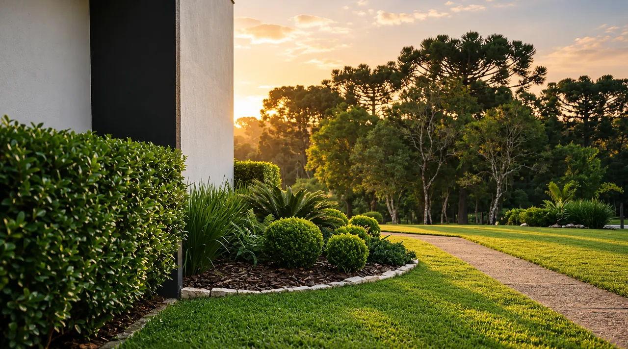 Jardim com gramado bem cuidado, canteiros e caminho ao pôr do sol