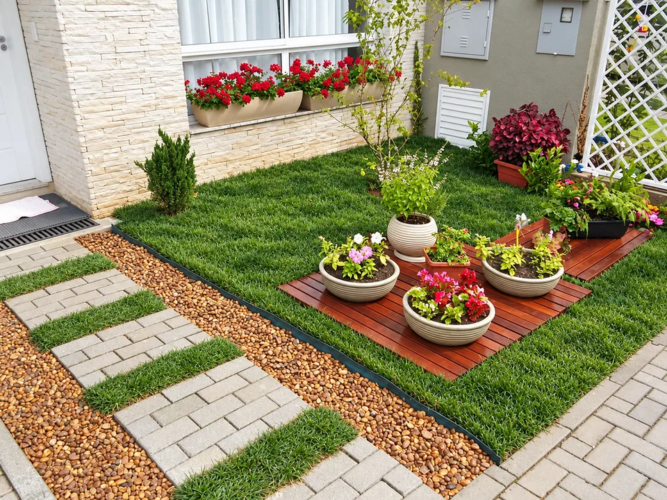 Jardim residencial com caminho em pedras e grama, deck de madeira e vasos com flores