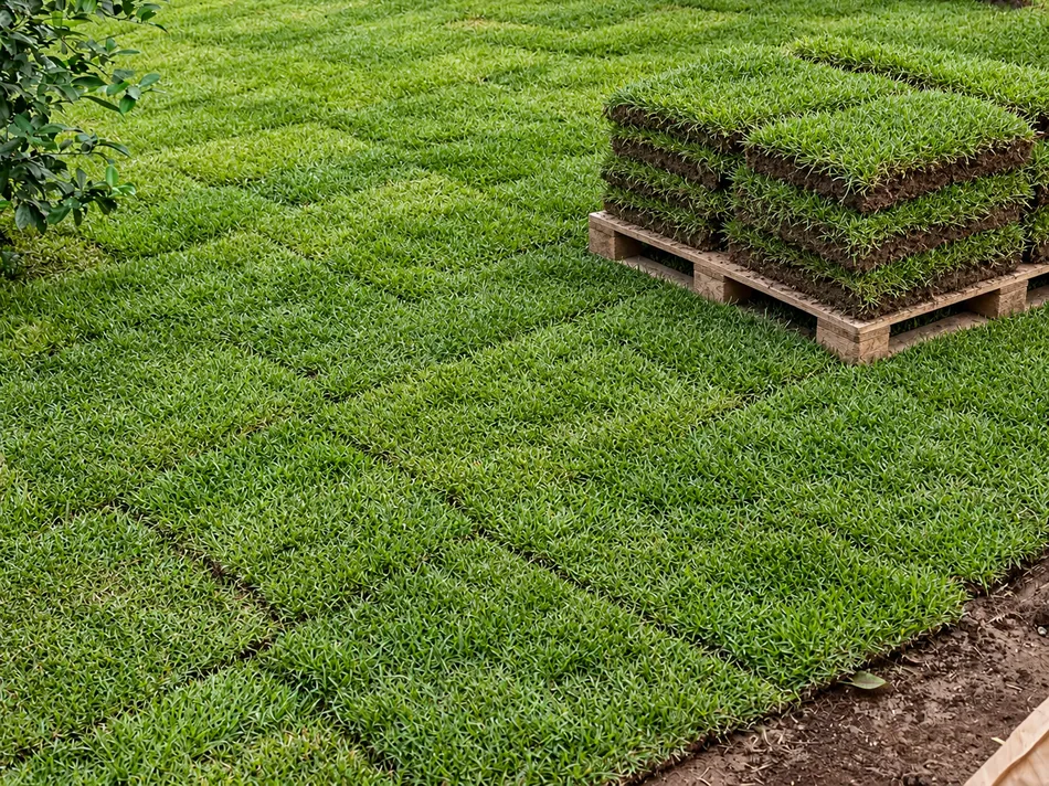 Pallet de madeira com placas de grama verde preparadas para fornecimento e plantio