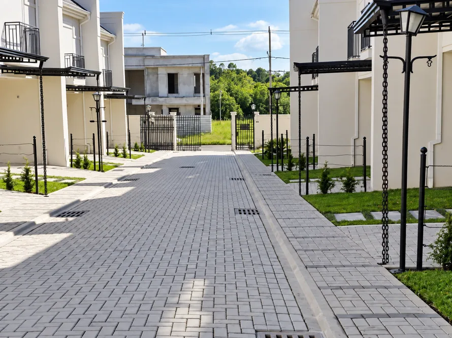 Rua interna de condomínio com calçamento, gramado e arbustos sob manutenção programada